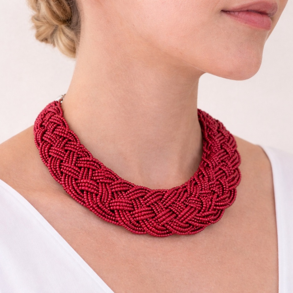 21st & Stone Red Beaded Braided Statement Necklace